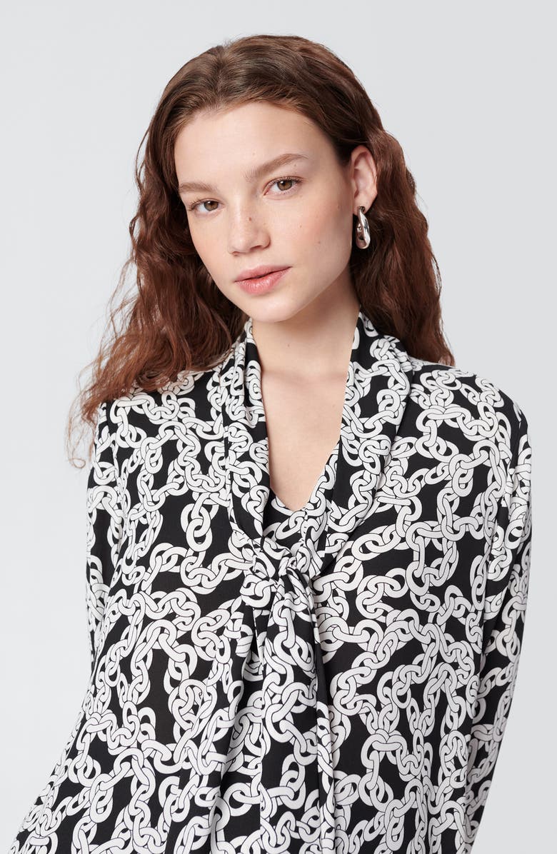 DVF Akila Print Long Sleeve Drop Waist Crepe Dress, Alternate, color, Crawl Chain Sm Black