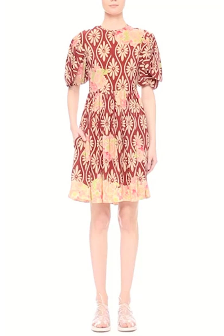 Floral Print Puff Sleeve Silk Dress, Alternate, color, WINE