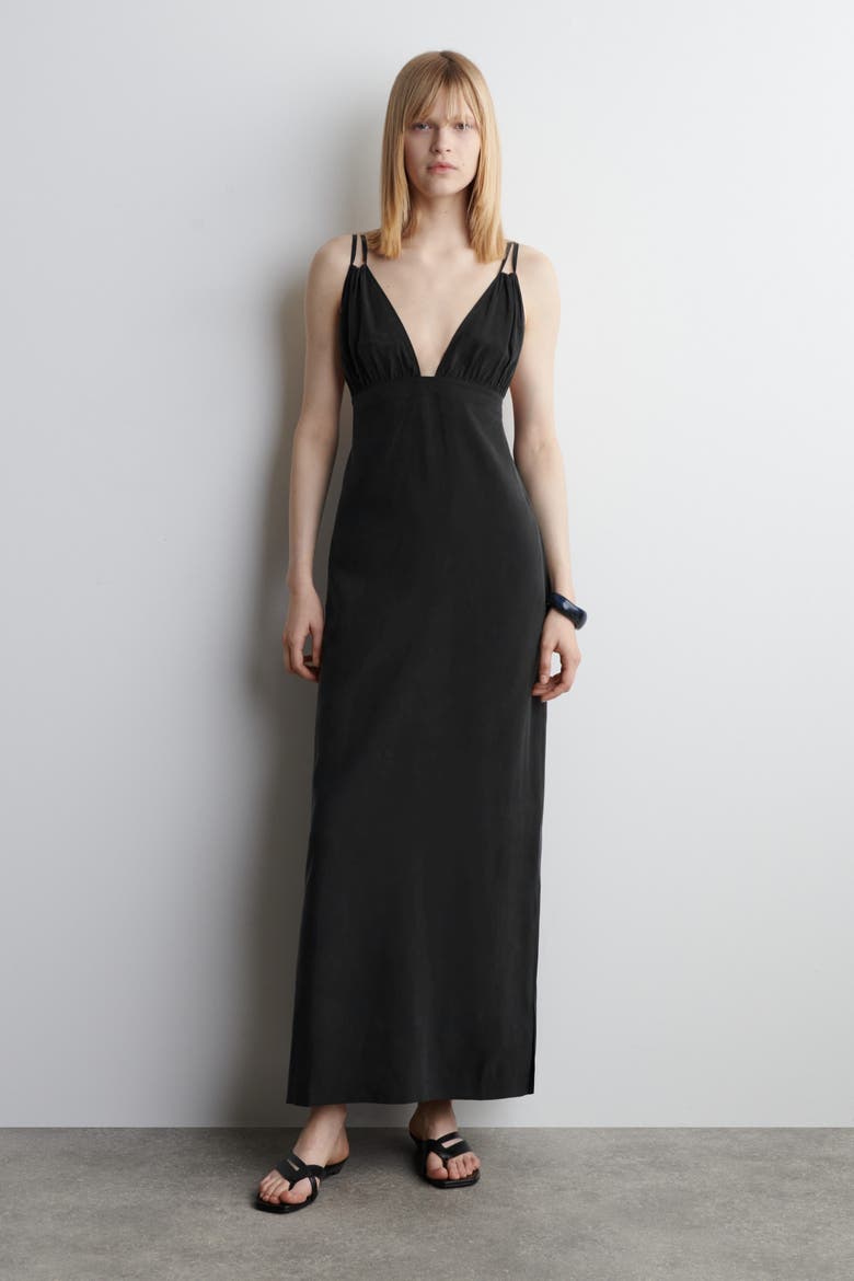 Gathered V-Neck Maxi Dress, Main, color, WASHED BLACK