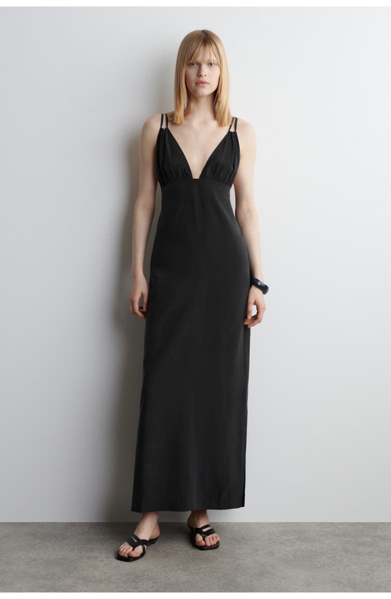 COS Gathered V-Neck Maxi Dress, Main, color, Washed Black