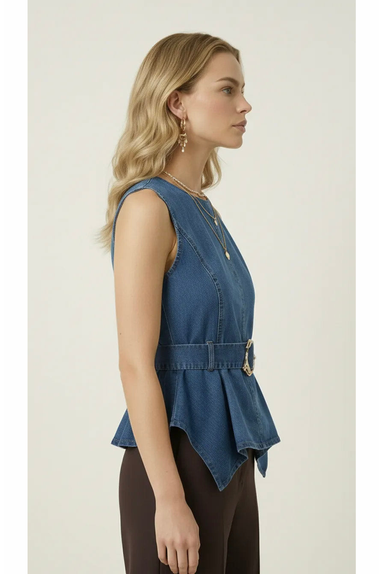 Belted Denim Peplum Top, Alternate, color, Blue