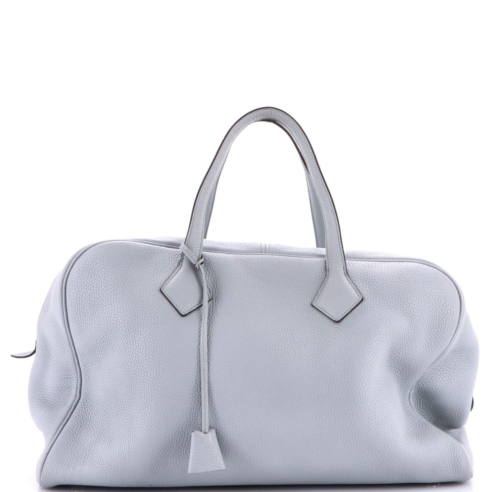 Pre-Owned Hermes Victoria II Travel Handbag Clemence 43, Main, color, Bleu Glacier