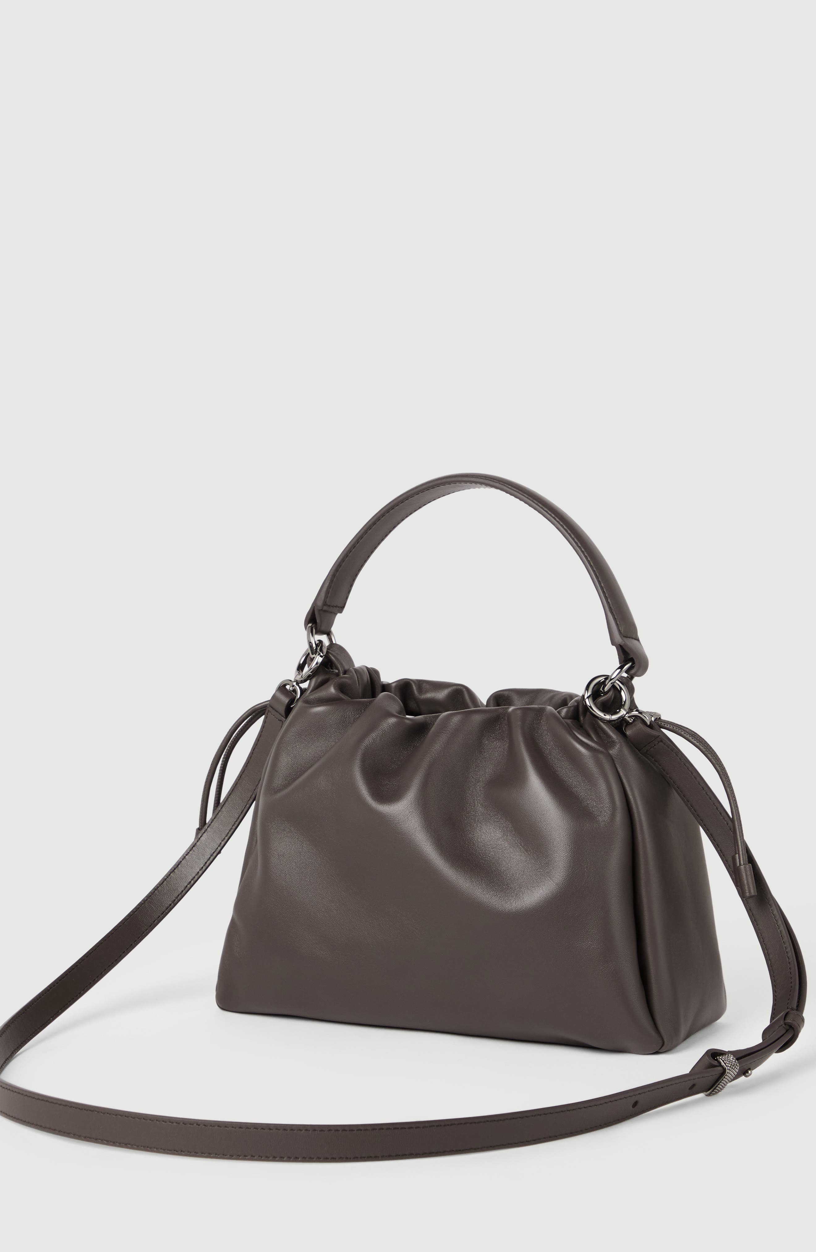 Mellow small bucket bag in soft leather with monili, Alternate, color, Rust Brown