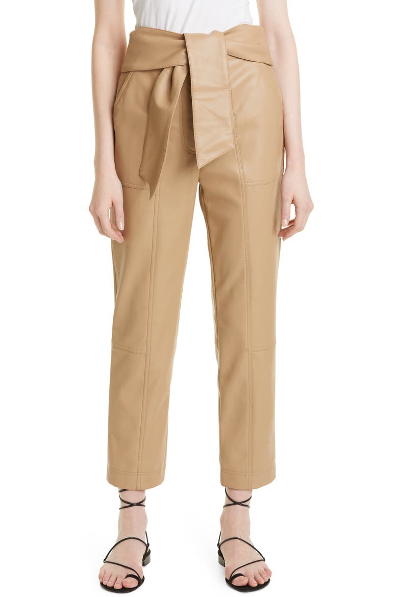Jonathan Simkhai Tessa Tie Waist Faux Leather Crop Pants, Main, color, CAMEL