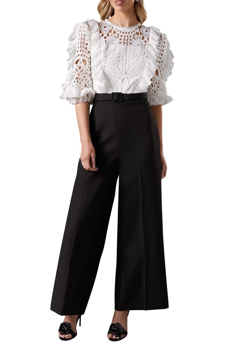 Lace Cut Out Belted Jumpsuit, Alternate, color, Mono