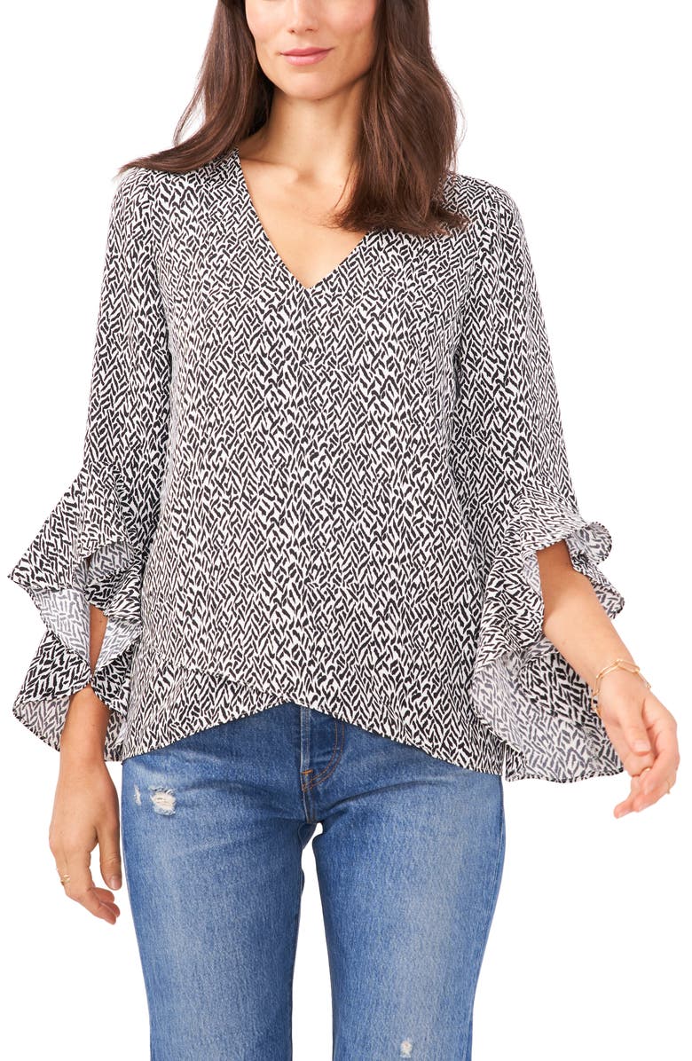 Vince Camuto Print Ruffle Sleeve Popover Blouse, Main, color,