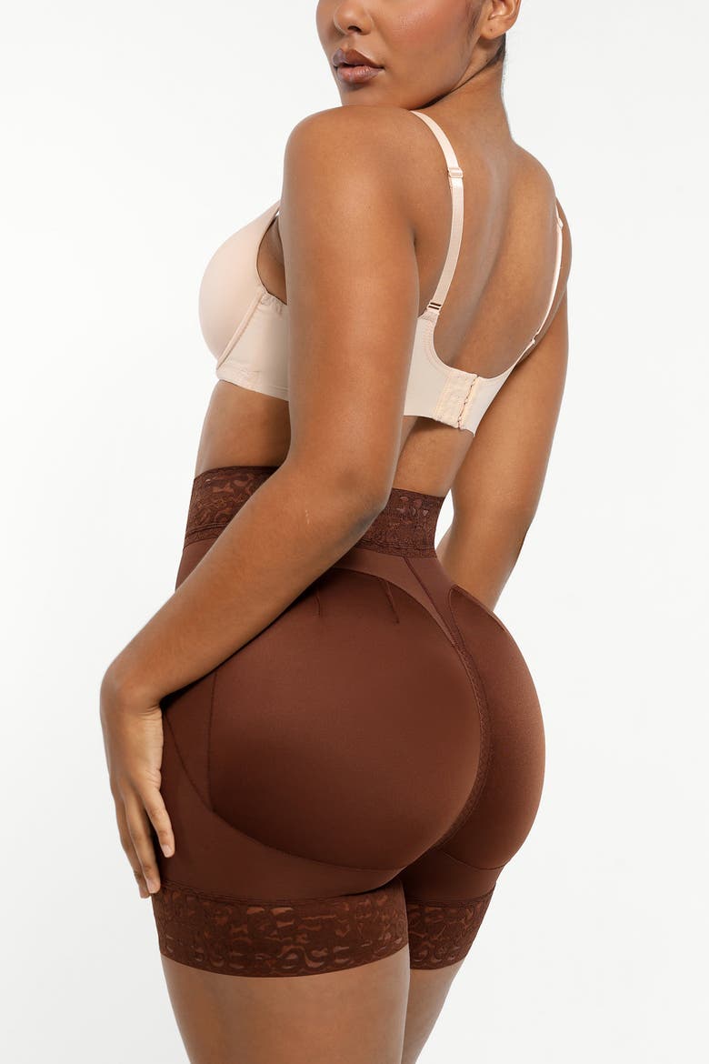 Mid-Rise Steel Boned Butt-Lifting Shorts, Alternate, color, Chocolate