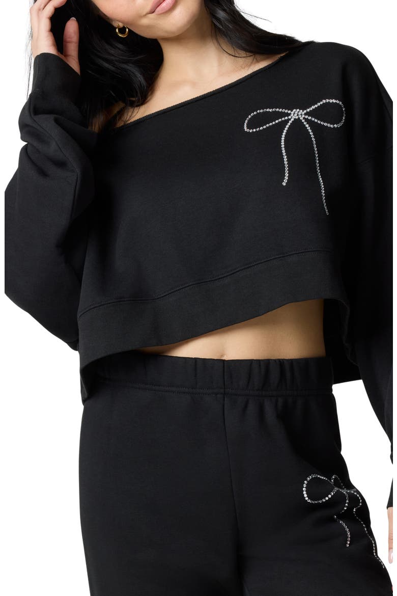 Crystal Bow Off the Shoulder Crop Sweatshirt, Main, color, BLACK