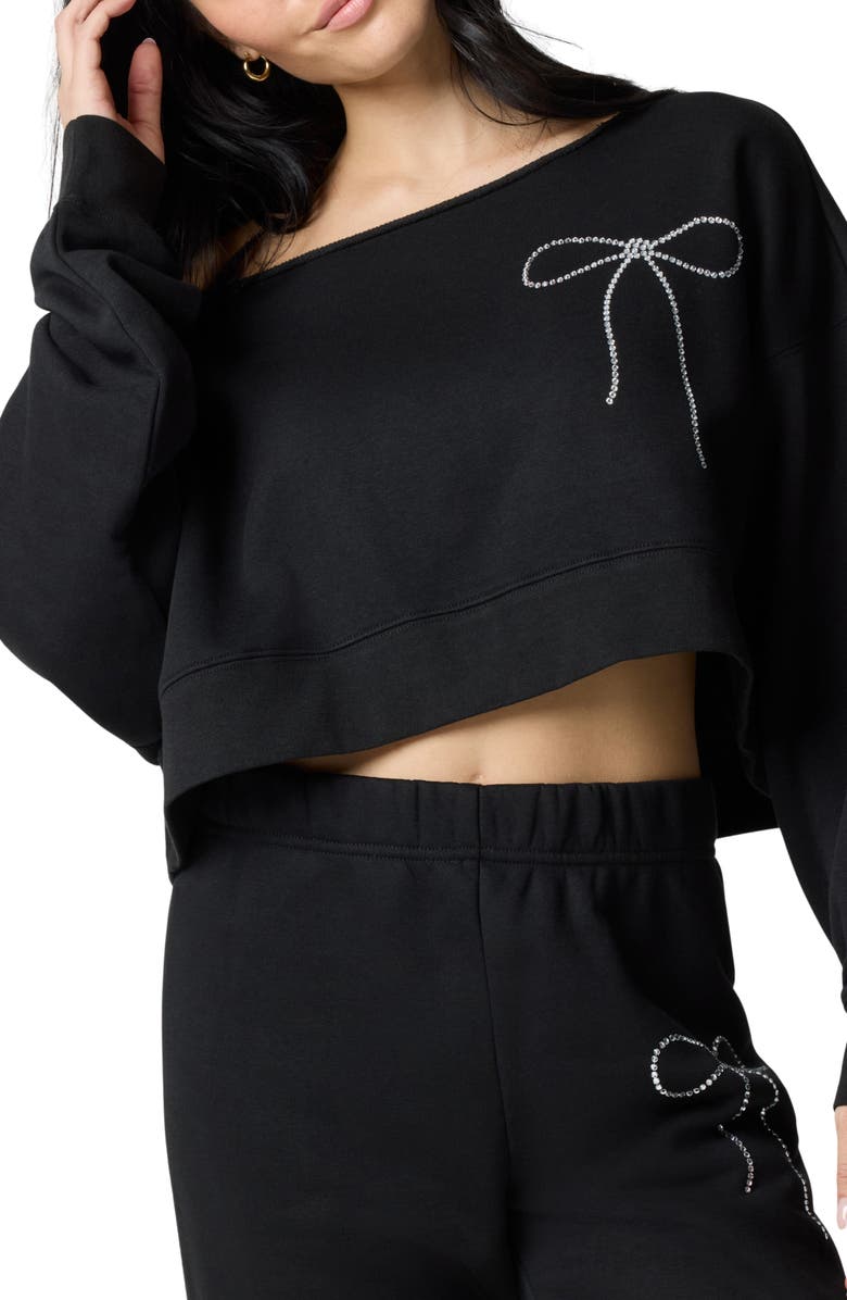 Florence by Mills Crystal Bow Off the Shoulder Crop Sweatshirt, Main, color, Black