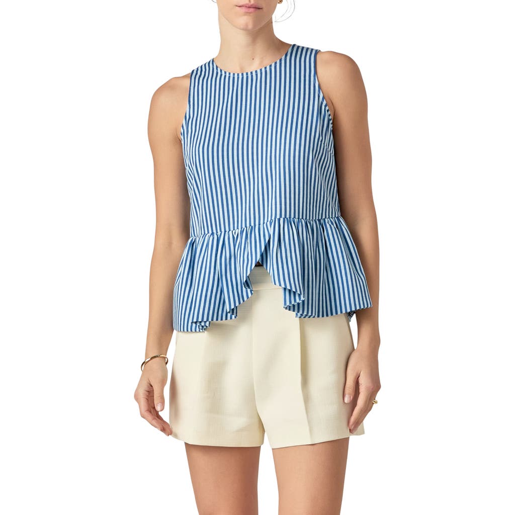 English Factory Stripe Sleeveless Peplum Top In Blue