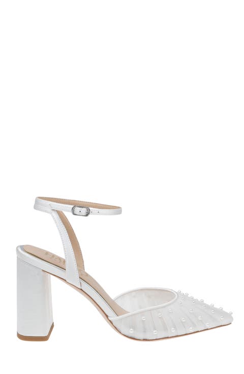 Elle - Tulle Bridal Block Heel with Handsewn Pearls