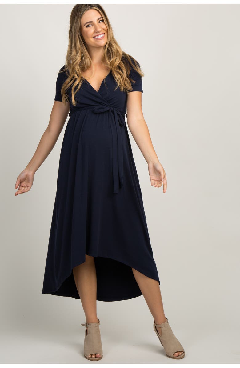PinkBlush Solid Hi-Low Wrap Dress, Main, color, Navy Blue
