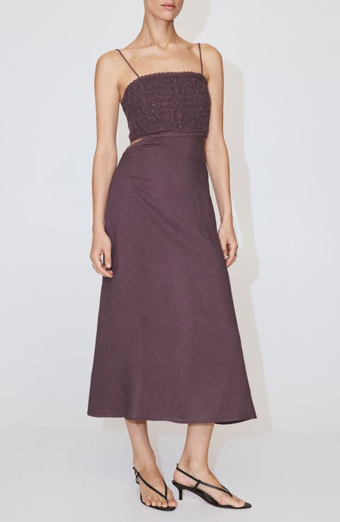 Embroidered Beaded Linen Blend Dress