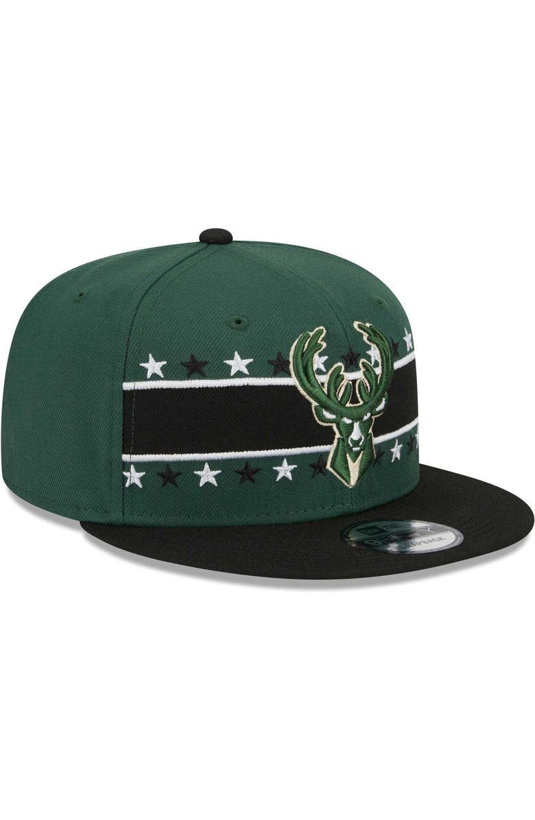 New Era Men's New Era Hunter Green Milwaukee Bucks Banded Stars 9FIFTY Snapback Hat, Alternate, color,