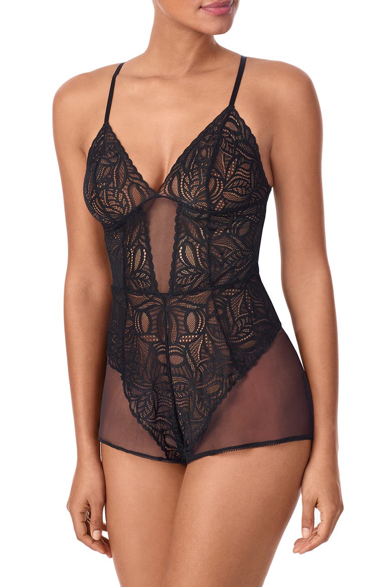Deco Lace & Mesh Romper, Alternate, color, BLACK