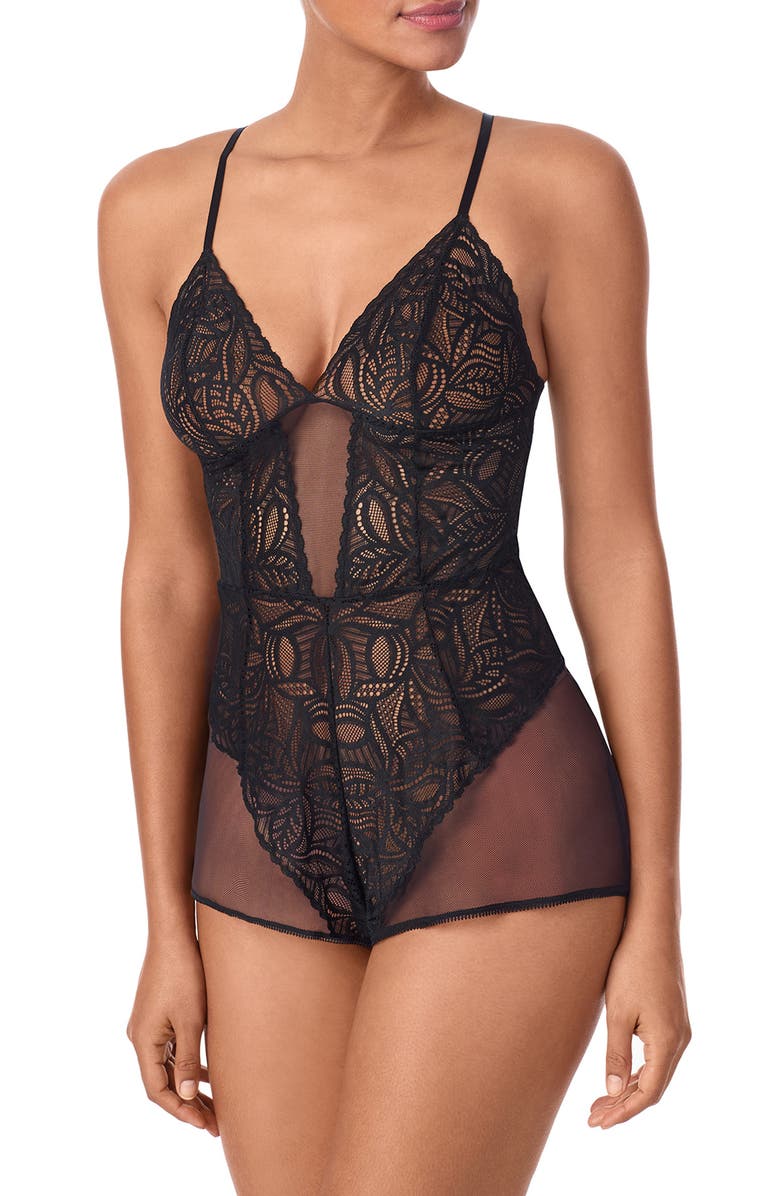 DKNY Deco Lace & Mesh Romper, Alternate, color, Black