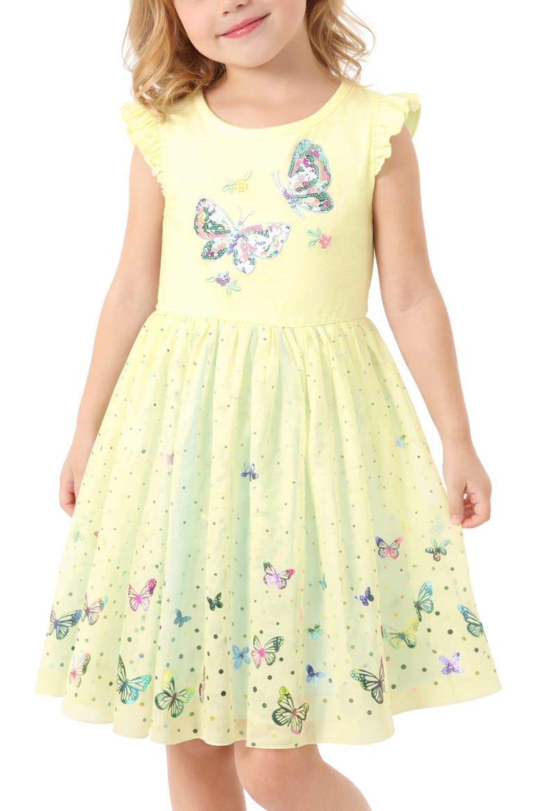 Kids' Flutter Sleeve Butterfly Foil Dress, Alternate, color, YELLOW