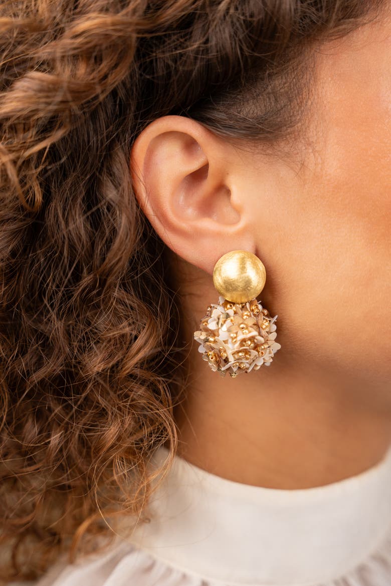 Sequin Flower Globe Statement Earrings in Mixed Gold, Alternate, color, Mixed Golden Shades
