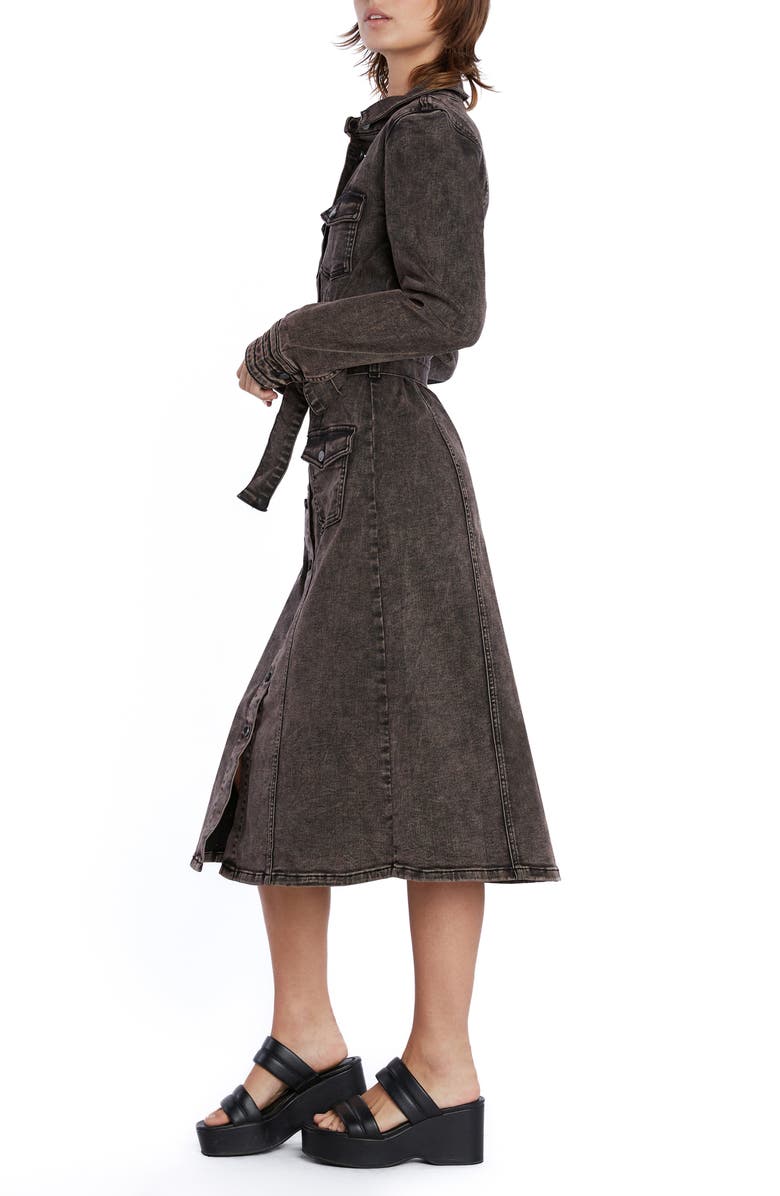Wash Lab Denim Tie Waist Long Sleeve Cargo Denim Midi Shirtdress, Alternate, color, Black Coffee