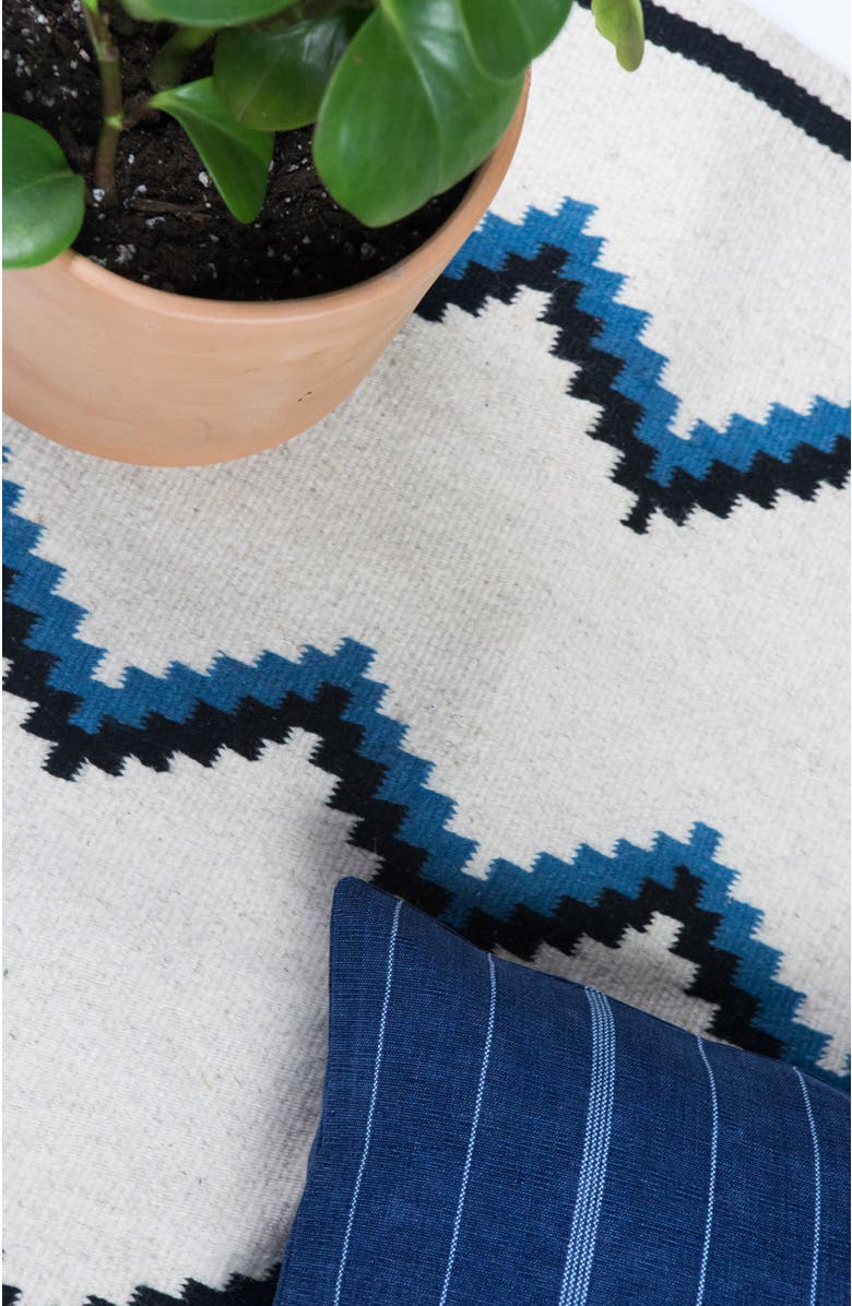 Archive New York Zapotec Blue and Black Zig Zag Handwoven Flatweave Wool Rug, Alternate, color, Blue