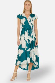 Yumi Blossom Print Dipped Hem Wrap Midi Dress