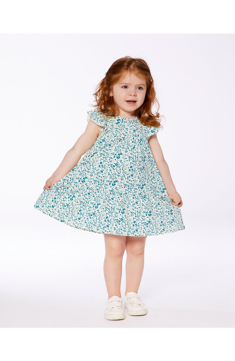 Deux par Deux Girl's Printed Organic Cotton Dress Small Turquoise Flowers, Alternate, color, 