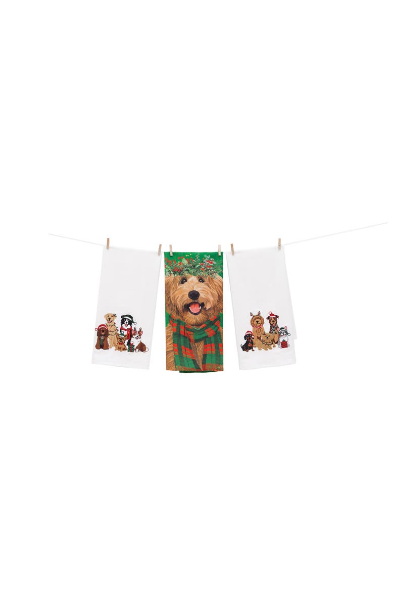 Holiday Labradoodle with Scarf and Crown Wreath Towel, Alternate, color, Green