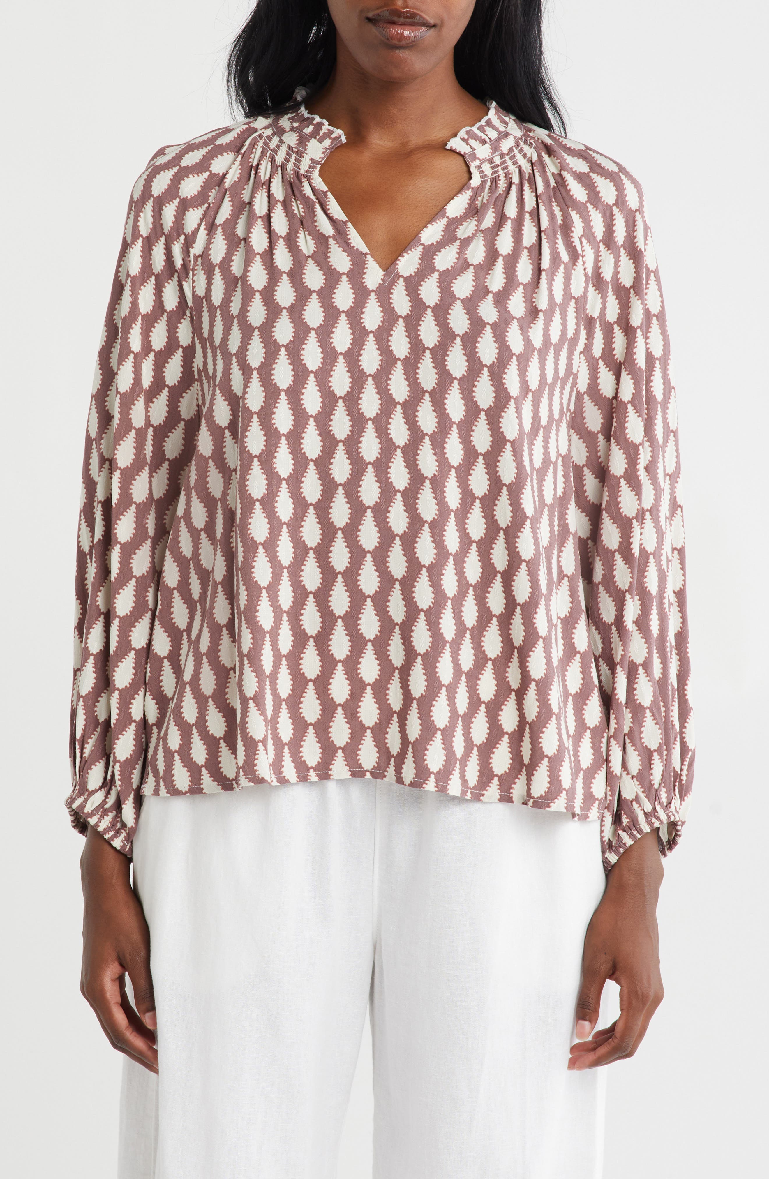 Caslon® Long Sleeve Smocked Split Neck Top