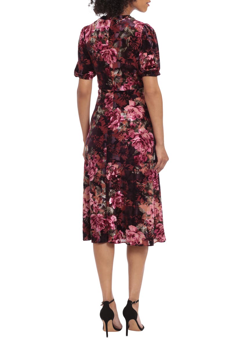 Floral Print Puff Sleeve Velvet Midi Dress, Alternate, color, RAISIN/ WINE/ OLIVE