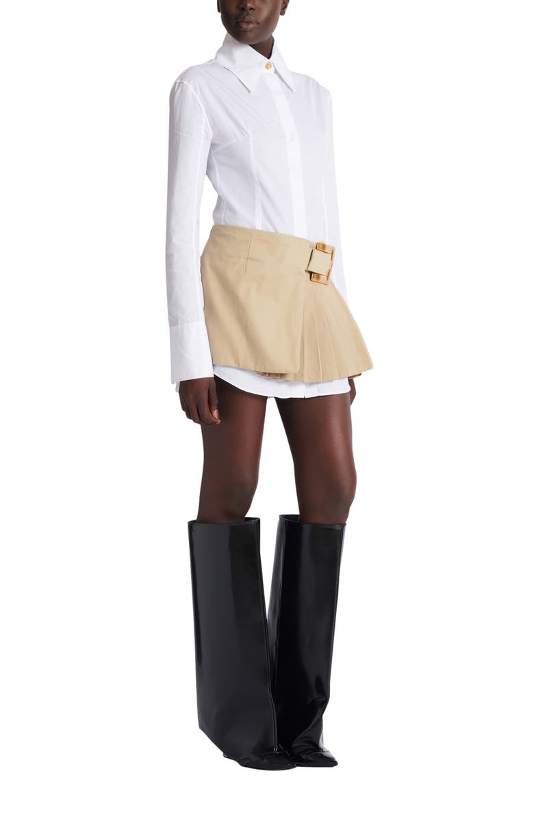 Balmain Short gabardine skirt with belt detail, Main, color, Beige
