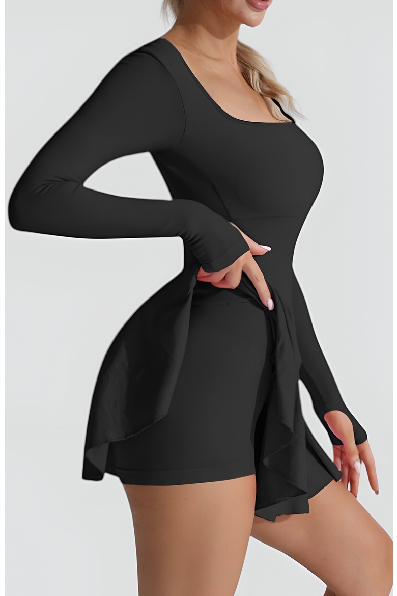 Long-Sleeve Thumbhole Open Crisscross-Back Active Romper Dress, Alternate, color, Black