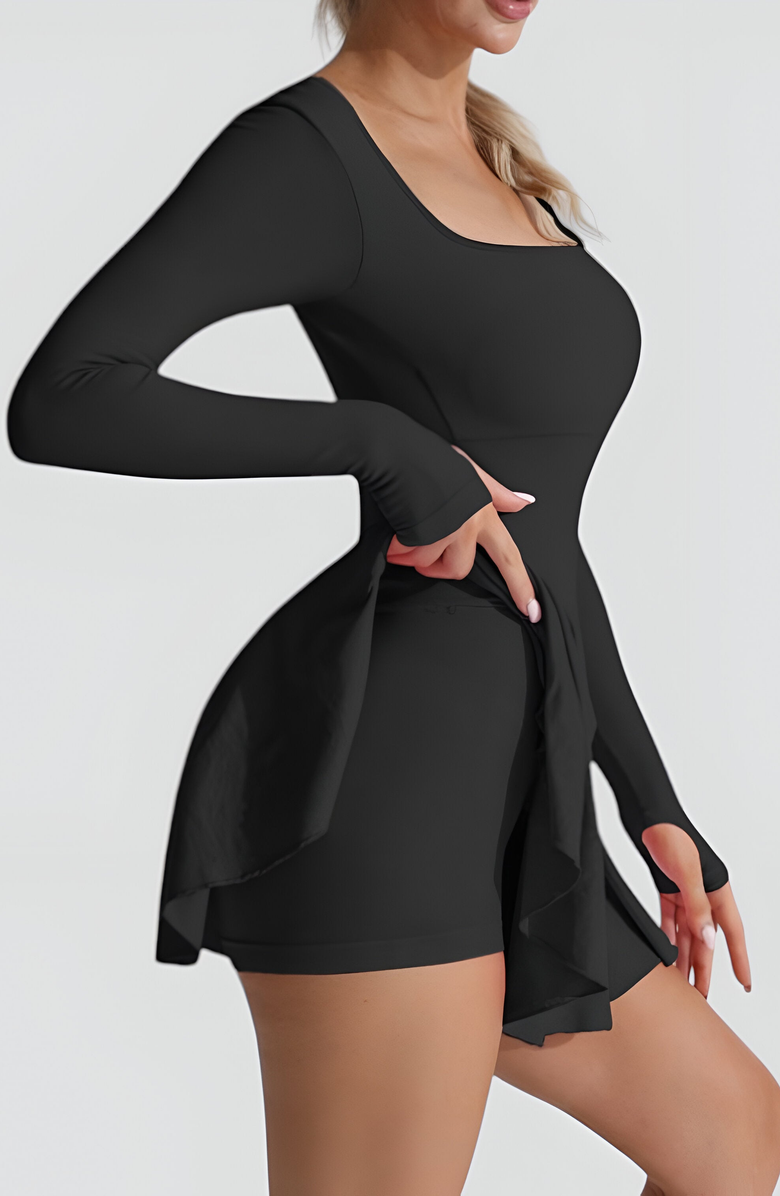 Modenaire Long-Sleeve Thumbhole Open Crisscross-Back Active Romper Dress, Alternate, color, Black