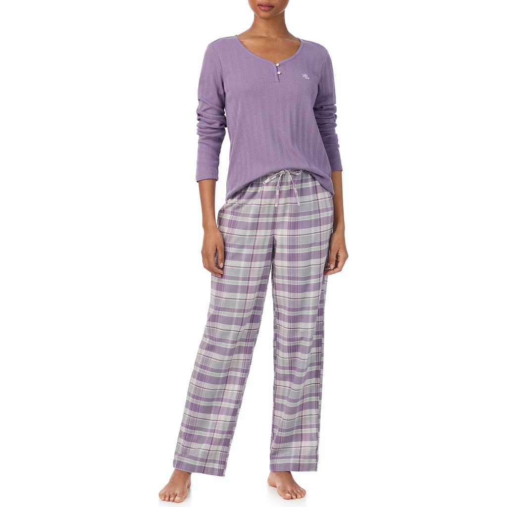 Ralph Lauren Plaid Cotton-blend Henley Pajama Set In Purple