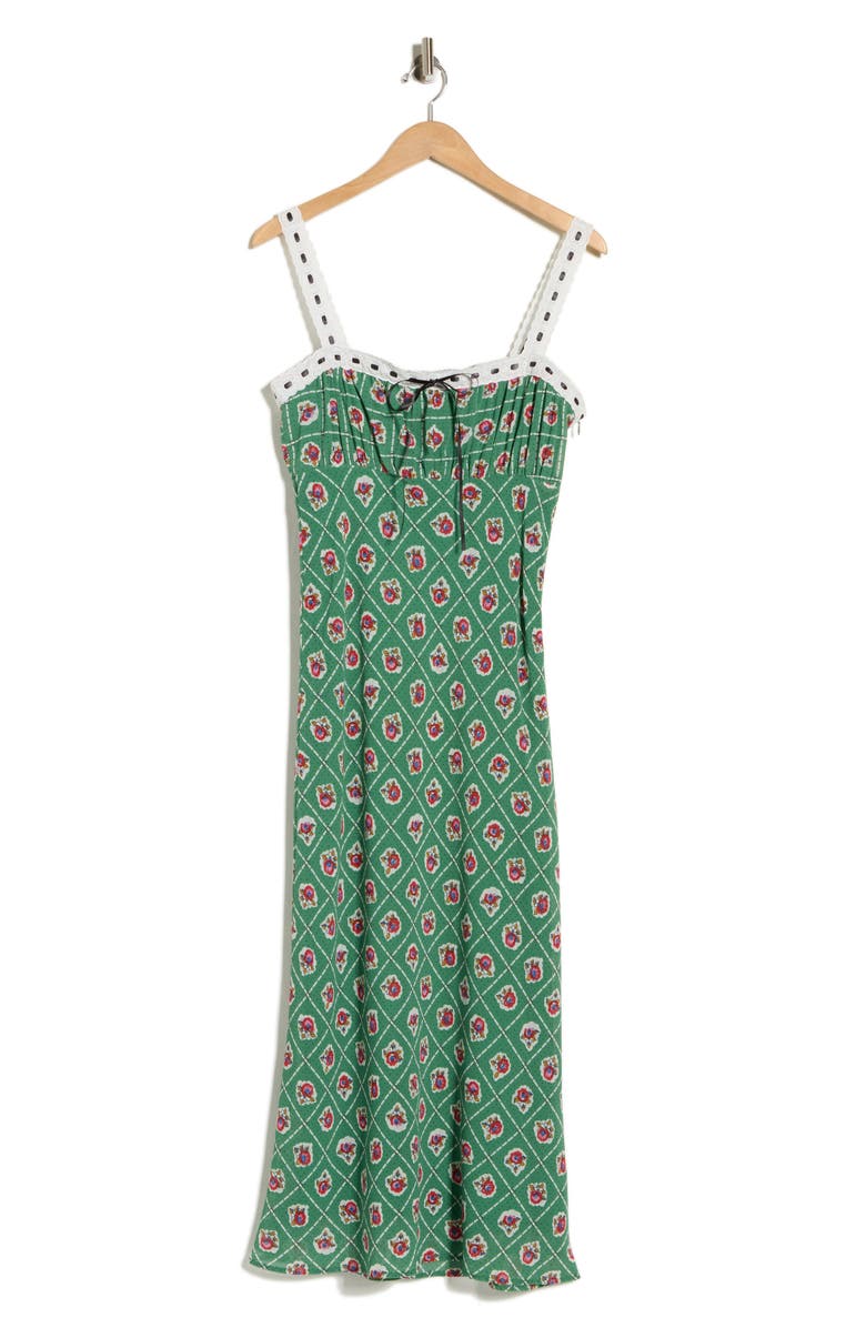WAYF Floral Empire Waist Midi Dress, Main, color, Green Scarf
