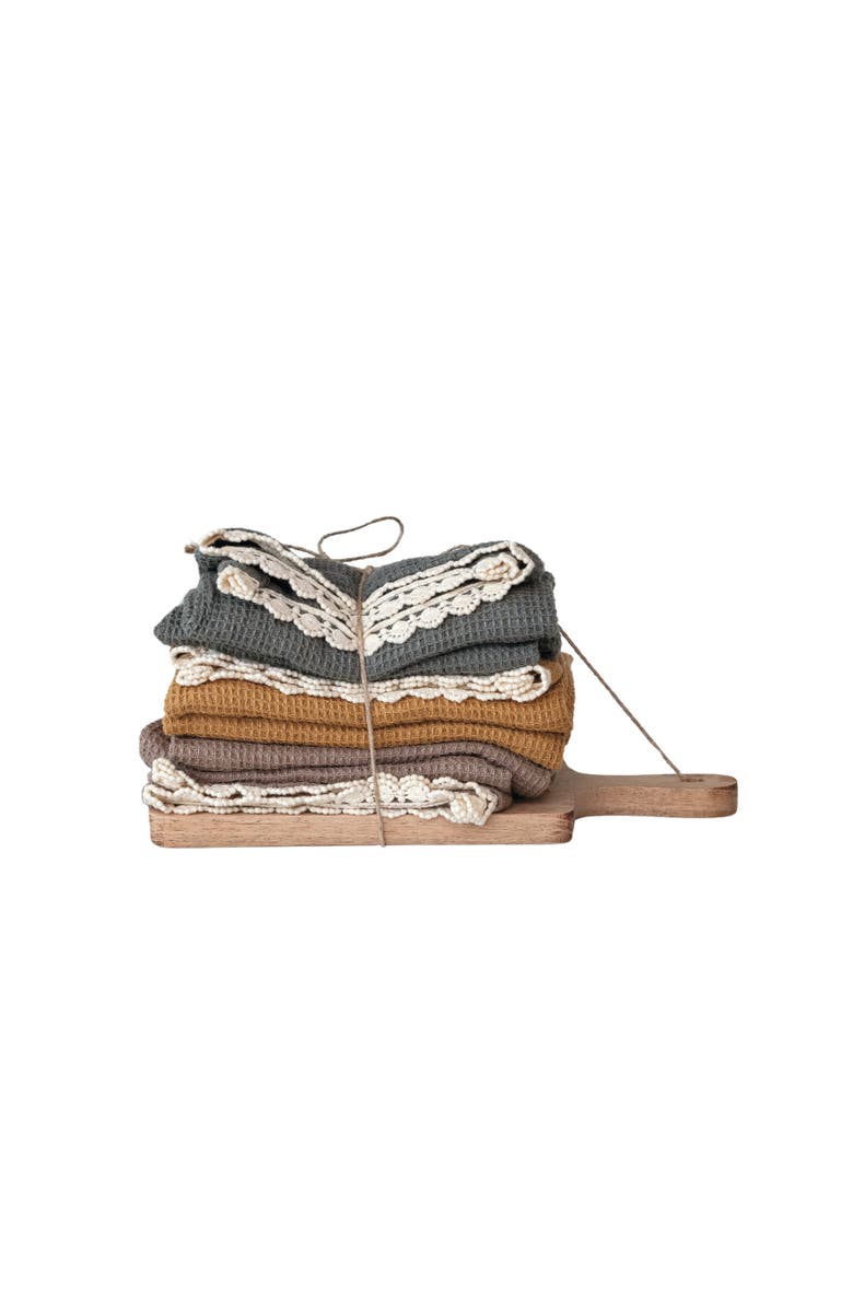 Storied Home Kitchen Cotton Tea Towels on a Mango Wood Board, Multicolor, Set of 3, Main, color, Brown