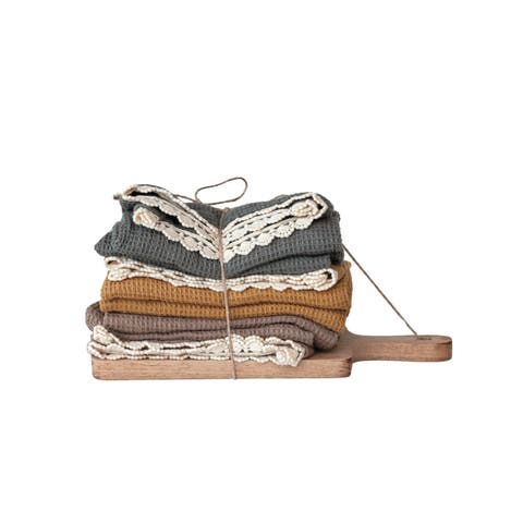 Kitchen Cotton Tea Towels on a Mango Wood Board, Multicolor, Set of 3