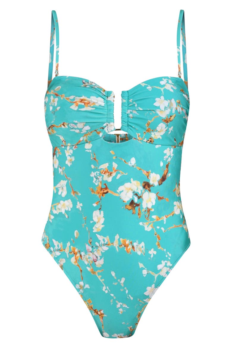 Emelia Cherry Blossom Bandeau One Piece Swimsuit, Alternate, color, AQUA