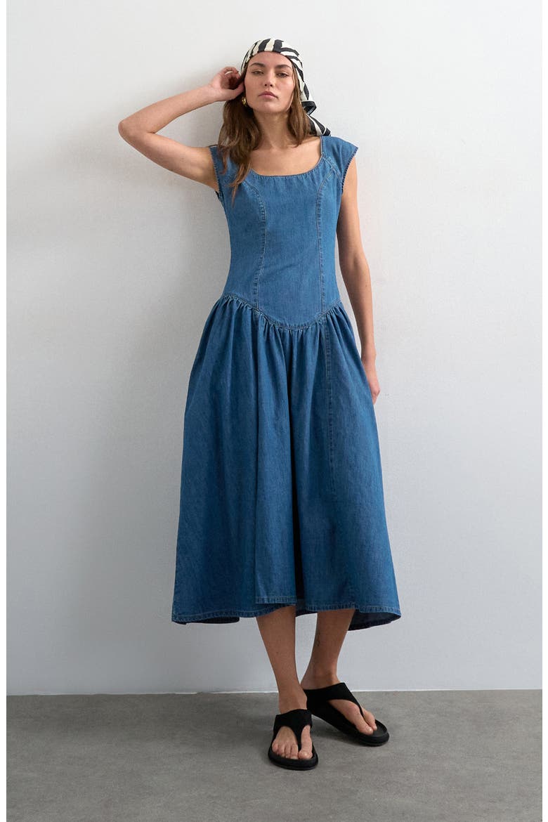 Denim Drop Waist Dress, Main, color, MED BLUE