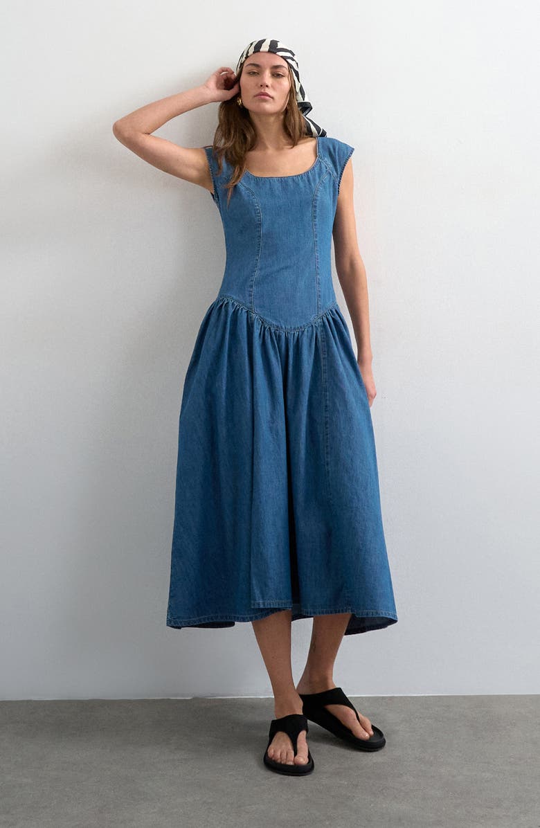 Topshop Denim Drop Waist Dress, Main, color,