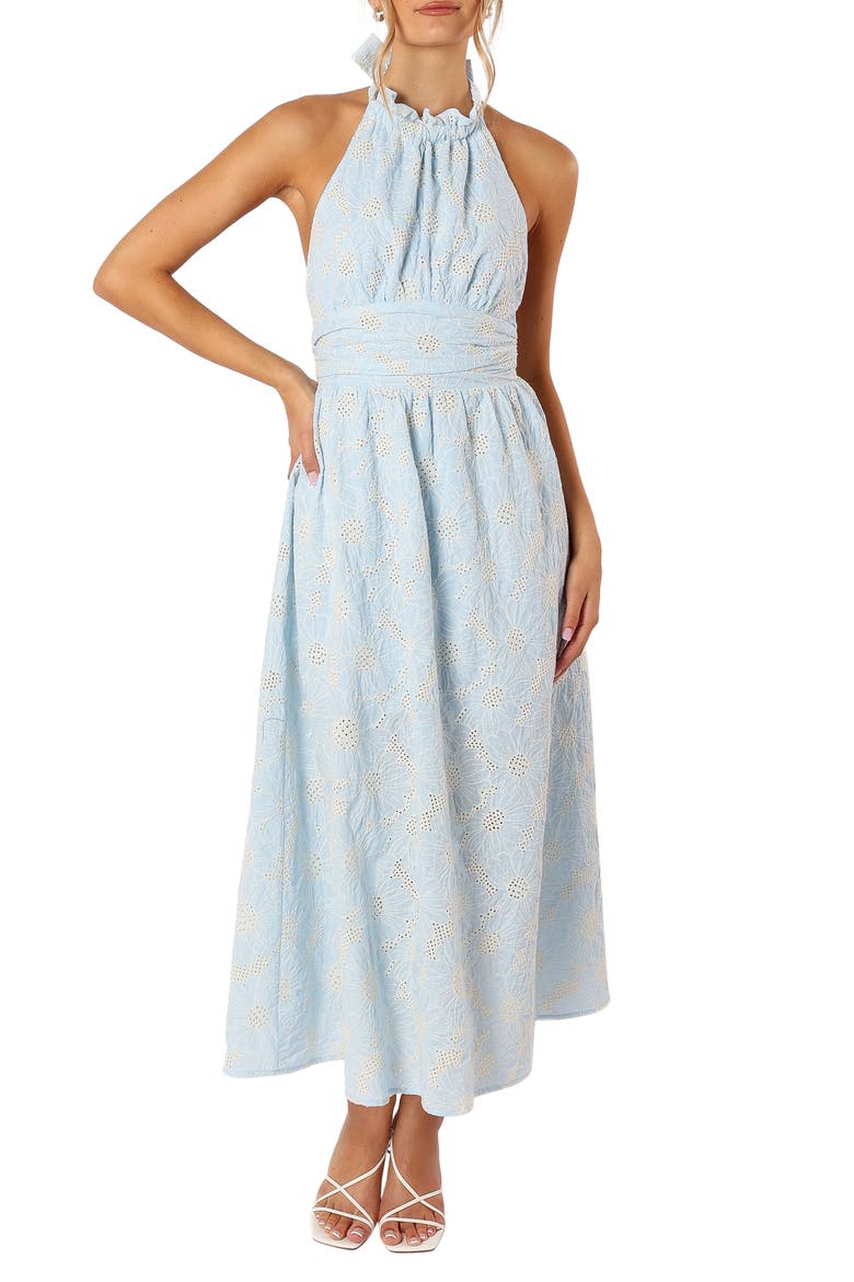 Taila Eyelet Embroidered Halter Neck Cotton Maxi Dress, Main, color, BLUE FLORAL