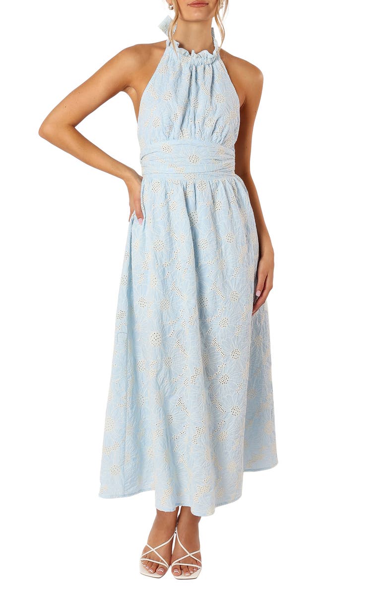 Petal & Pup Taila Eyelet Embroidered Halter Neck Cotton Maxi Dress, Main, color, Blue Floral