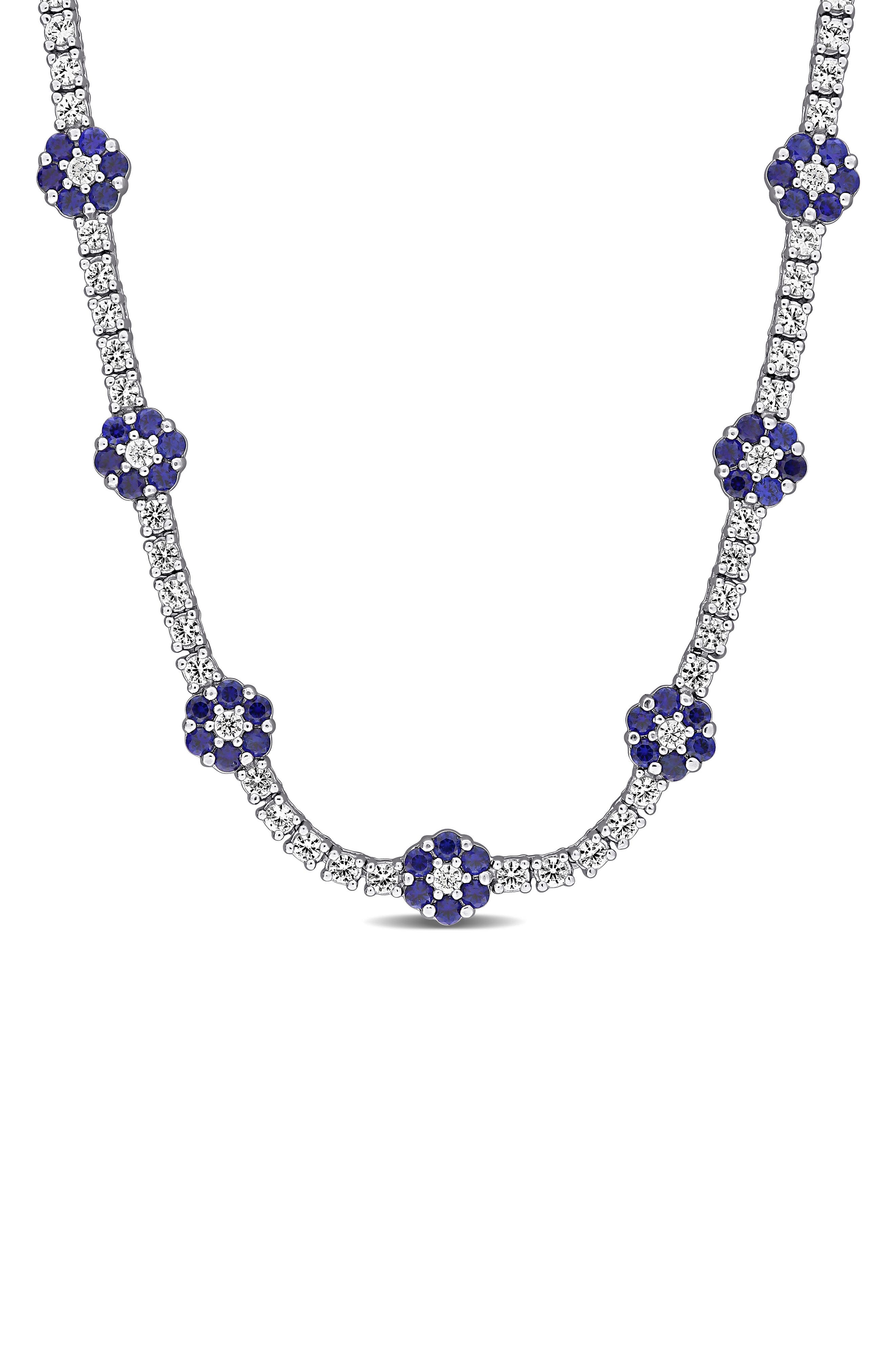 Sterling Silver Created Blue and White Sapphire Floral Necklace