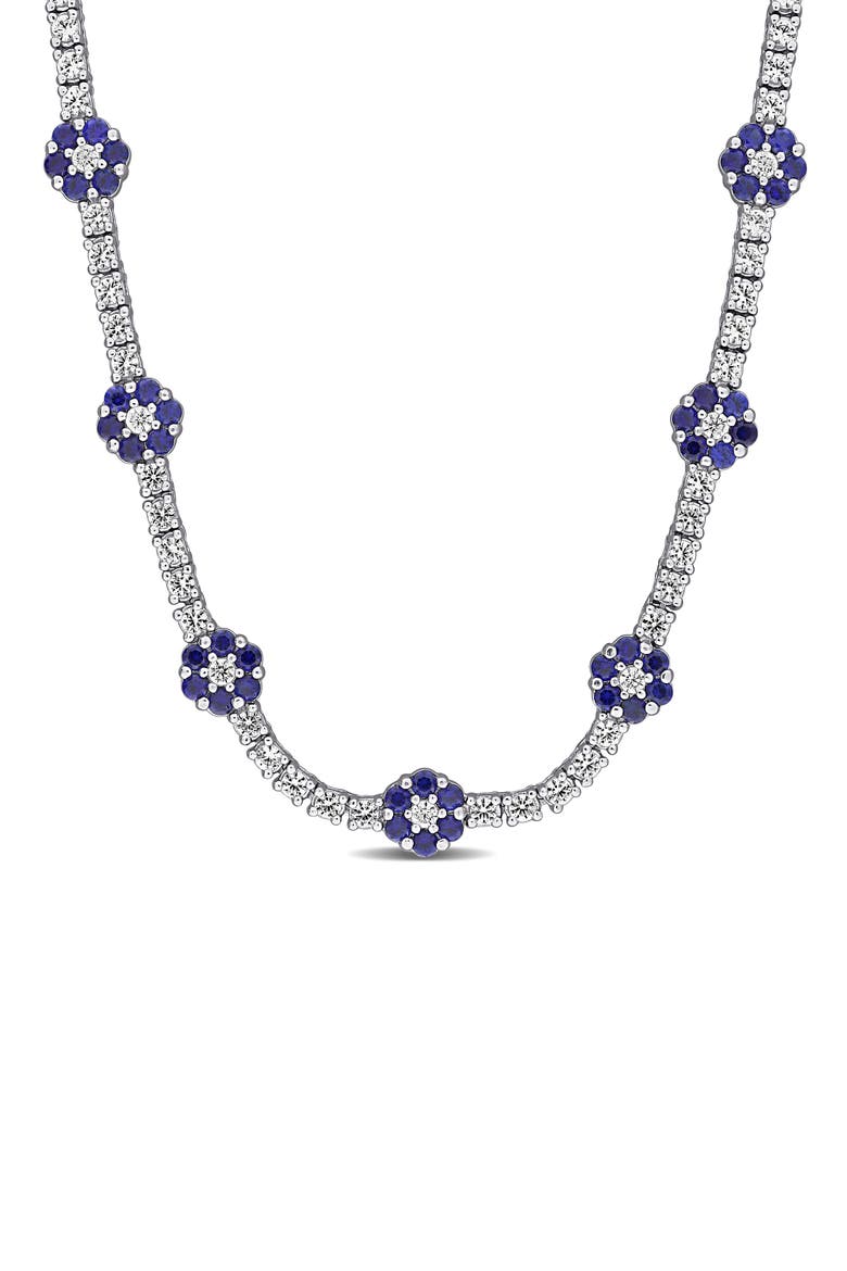 Sterling Silver Created Blue and White Sapphire Floral Necklace, Main, color, BLUE