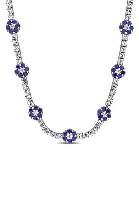 Sterling Silver Created Blue and White Sapphire Floral Necklace