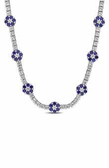 Sterling Silver Created Blue and White Sapphire Floral Necklace