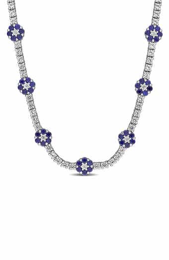 Sterling Silver Created Blue and White Sapphire Floral Necklace