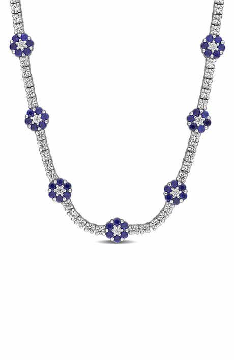 Sterling Silver Created Blue and White Sapphire Floral Necklace
