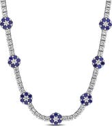 DELMAR Sterling Silver Created Blue and White Sapphire Floral Necklace