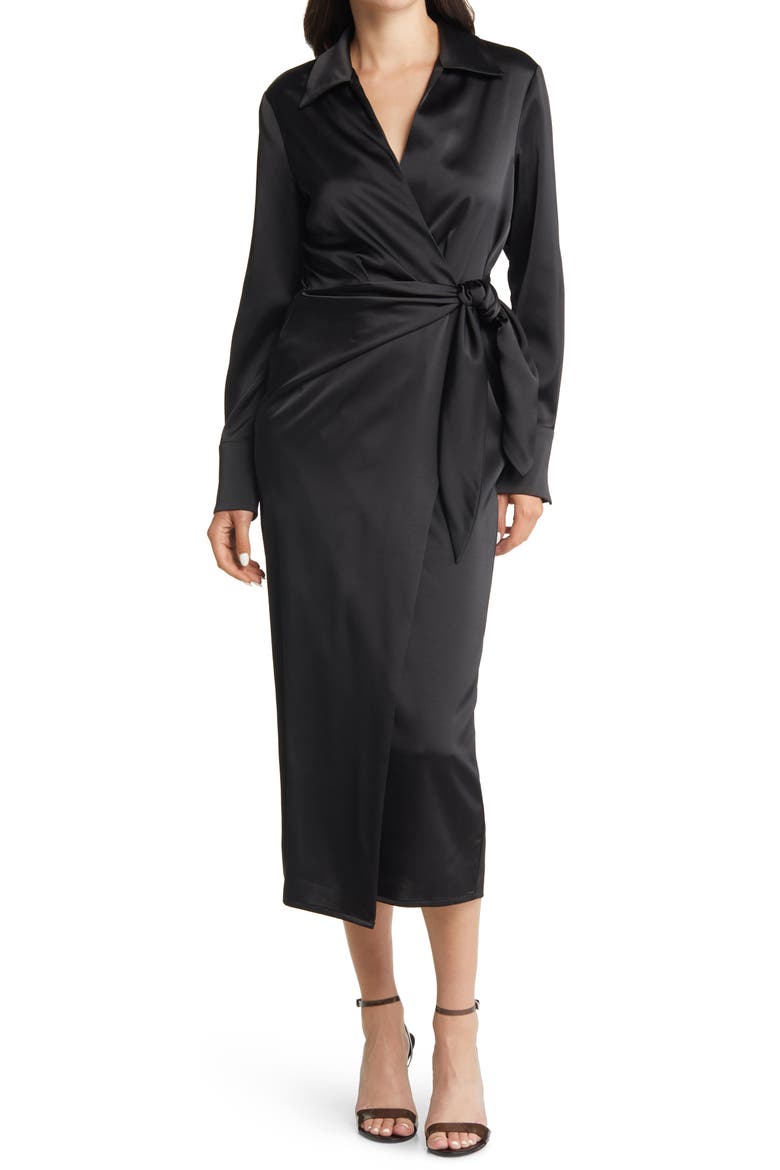 Long Sleeve Satin Midi Wrap Dress, Main, color, BLACK