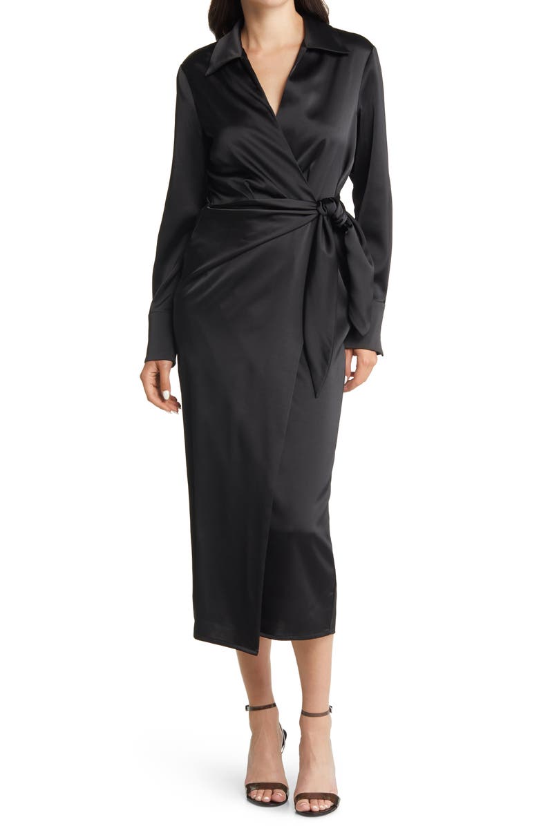 Charles Henry Long Sleeve Satin Midi Wrap Dress, Main, color, 